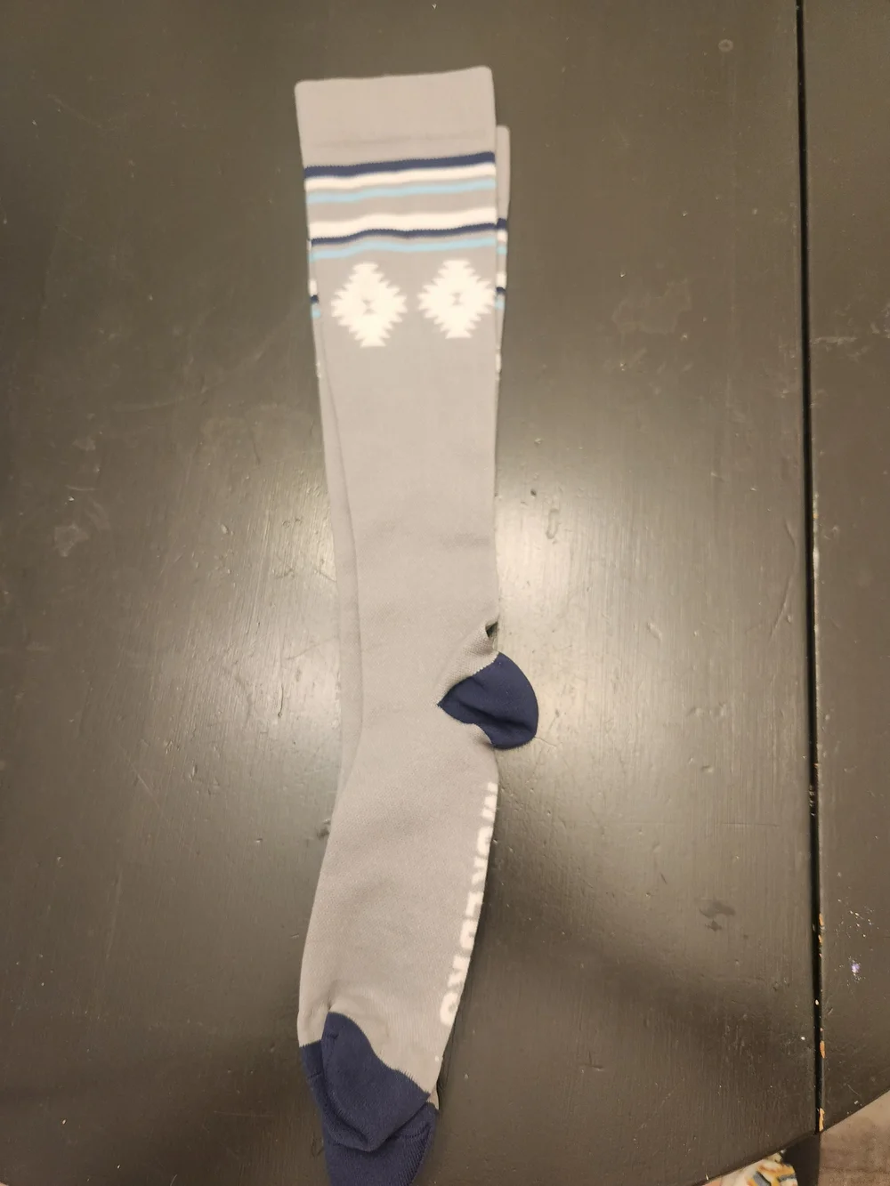 Muk Luks Gray Knee-High Socks with Navy Accents and Light Blue Stripes